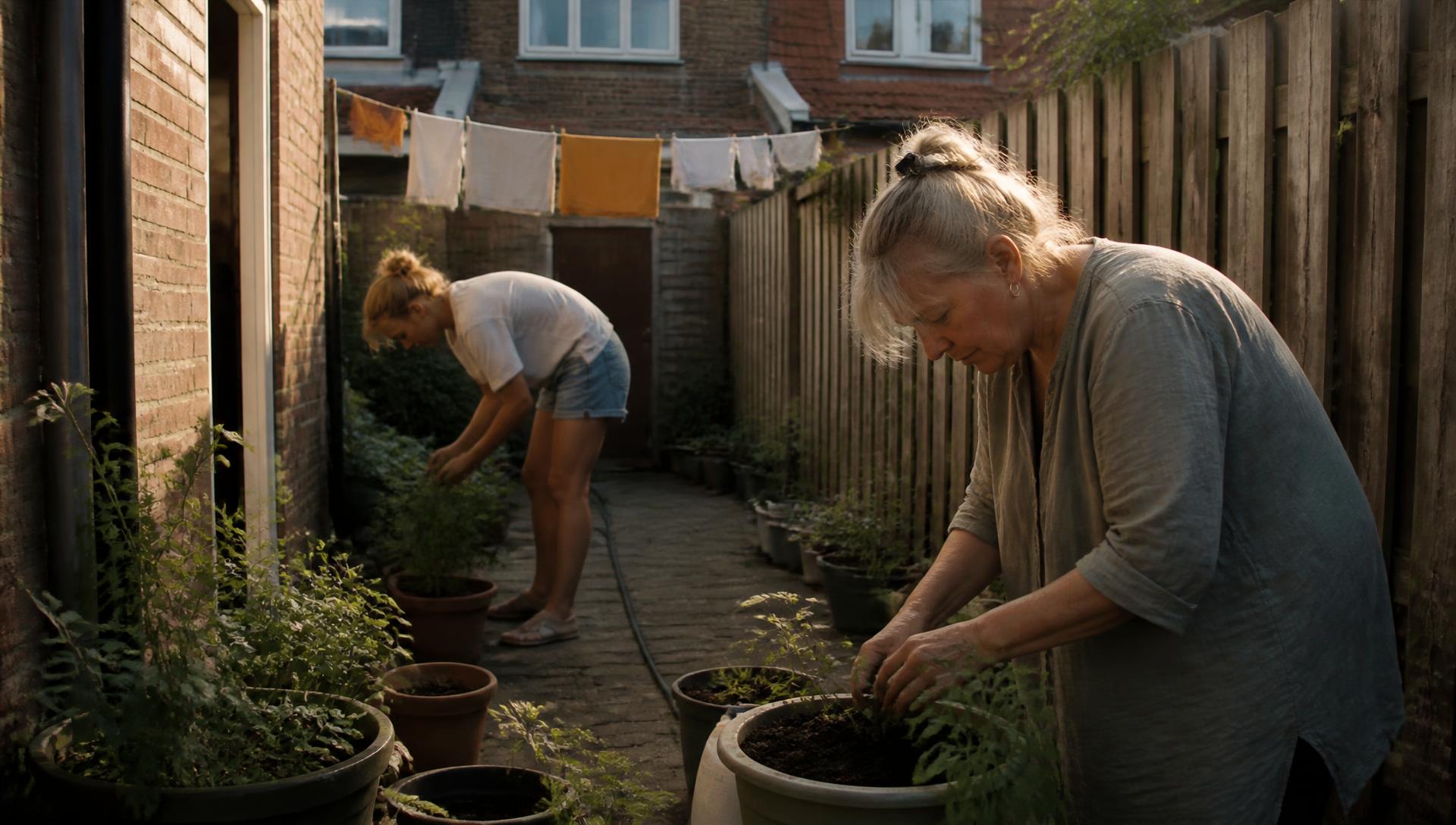 Een oudere vrouw en haar jonge huisgenoot verzorgen samen planten in een kleine achtertuin in het avondlicht