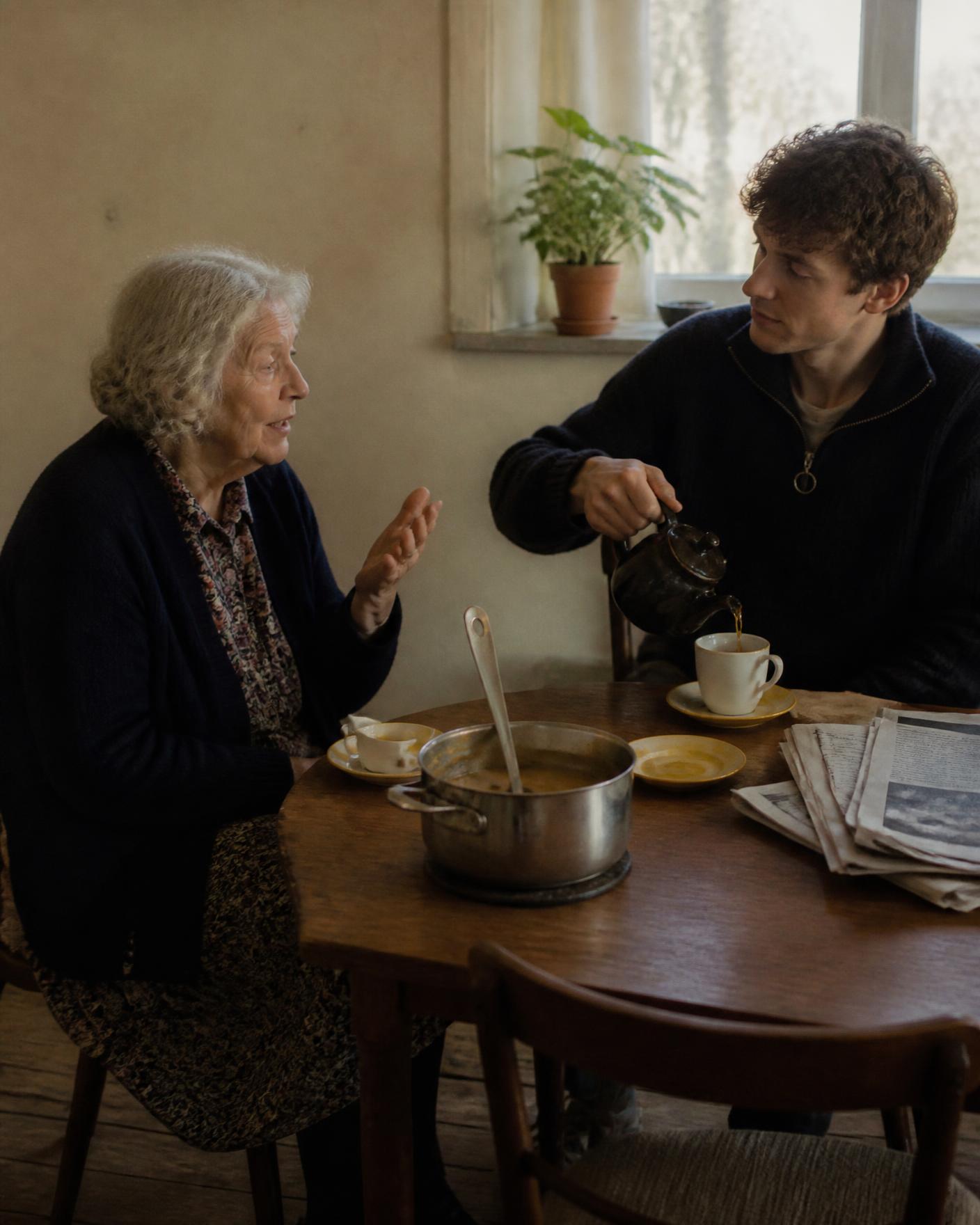 Een oudere vrouw vertelt iets aan tafel terwijl haar jonge huisgenoot thee inschenkt bij een pan soep